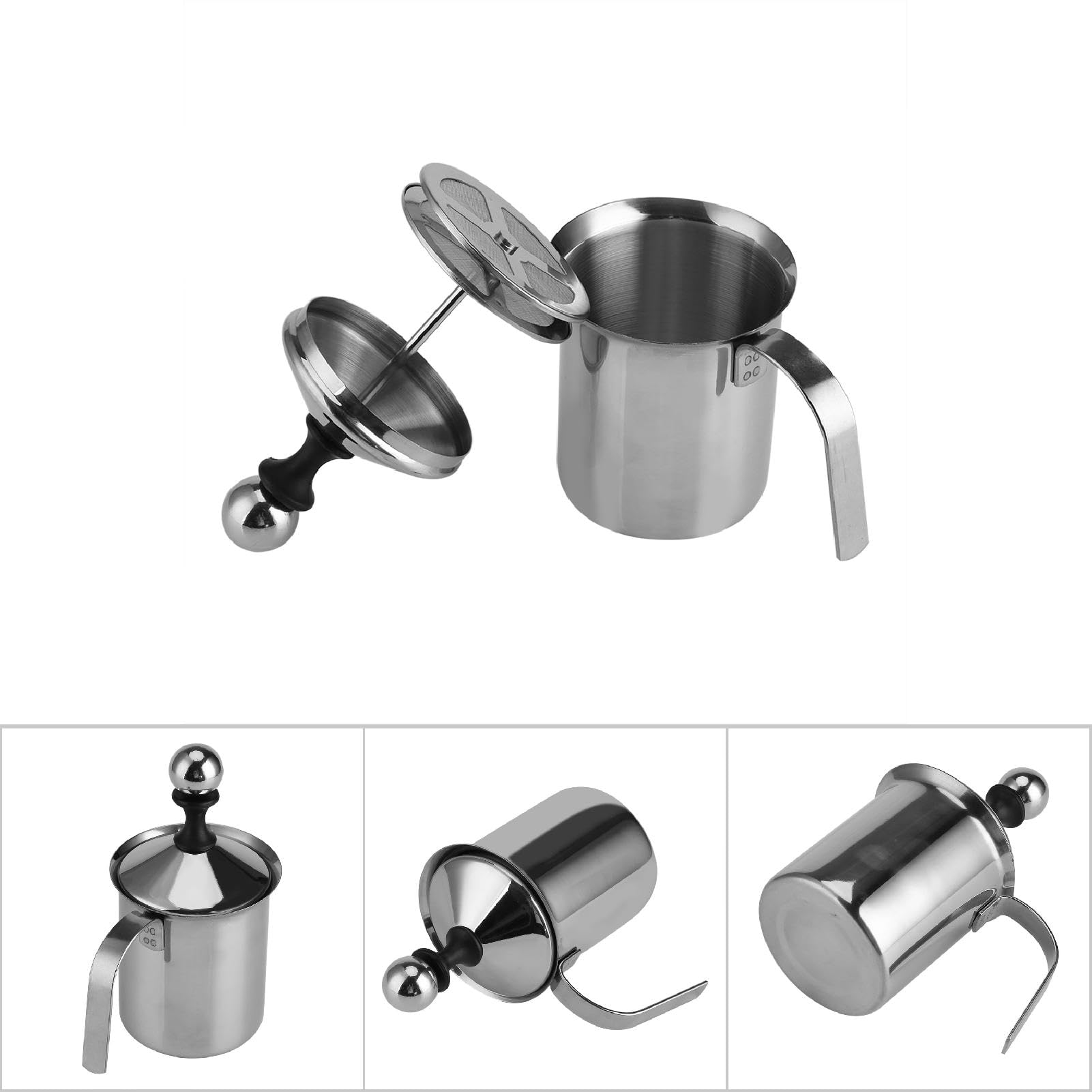 Frabosk - Montalatte manuale in acciaio inox, 400 ml, 800 ml, a doppia rete, per caffè e caffè, frullatore, frullatore manuale (400 ml)