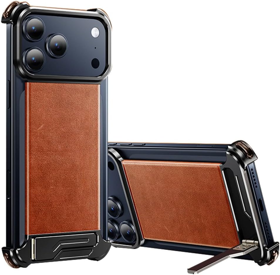 Magnetic Leather Case for iPhone 17 Pro Max/17 Pro, Genuine Leather Back with Aluminum Alloy Frame, Compatible with MagSafe Slim Cover with Hidden Kickstand, Shockproof Corners(Black,17 Pro)