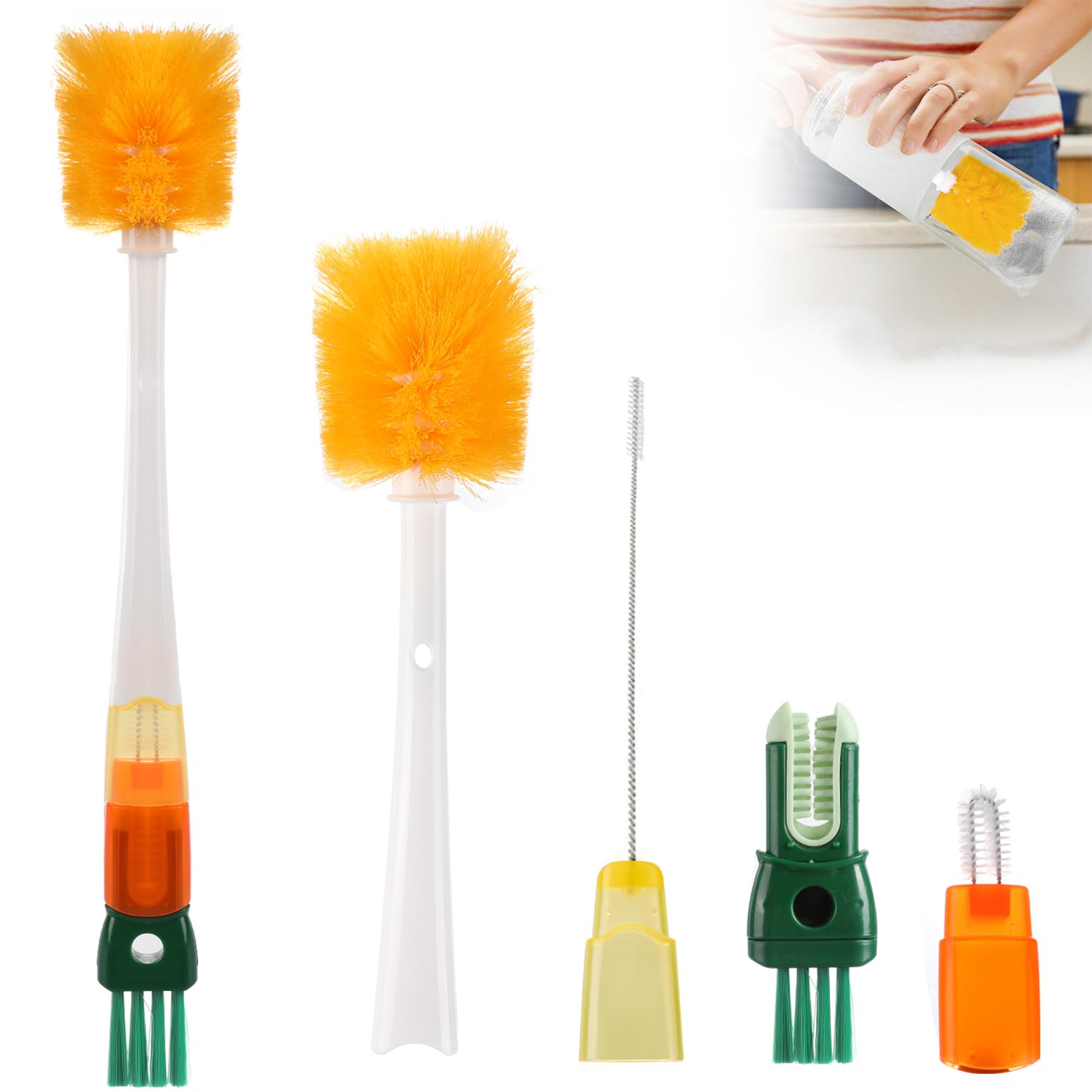 Long Handle Bottle Brush 5 in 1 Bottle Brushes for Cleaning Water Bottle Cleaner Brush Water Bottle Cleaning Brush Water Bottle Brush for Bottles Glass Flask and Cup Orange