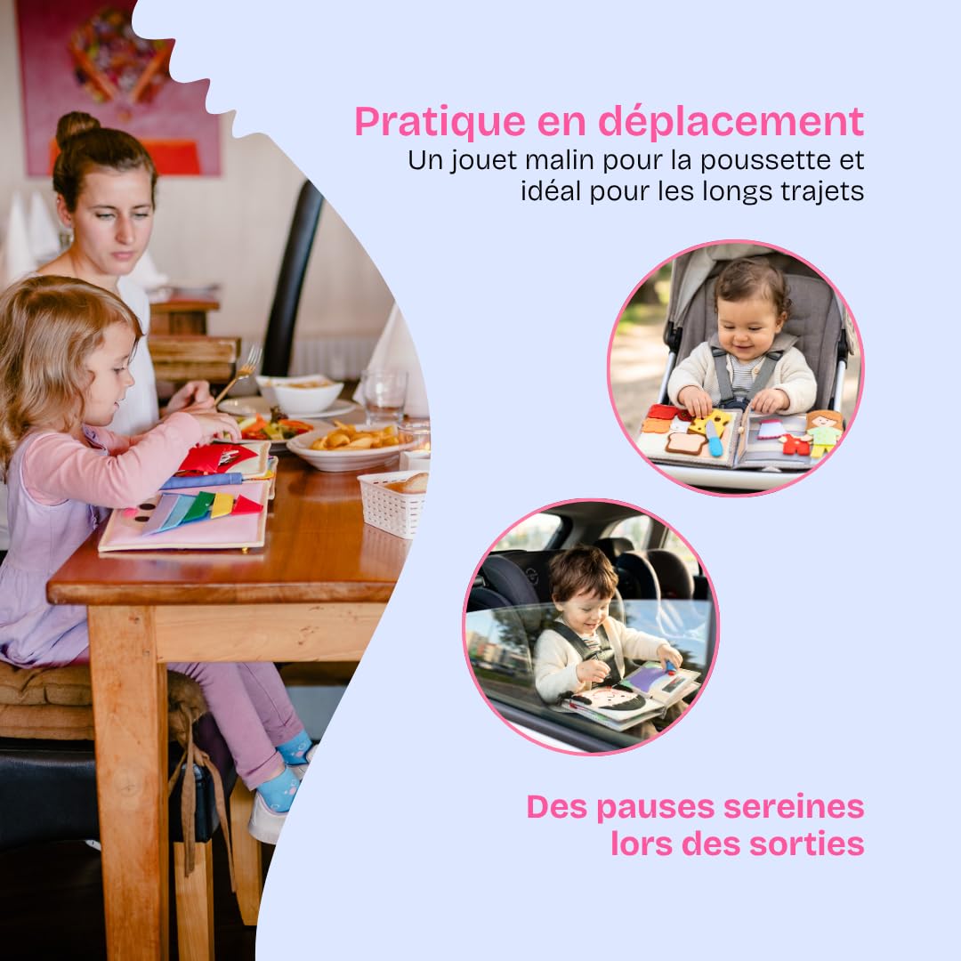 Jolly Designs Quiet Book - Jouet Montessori à partir de 18 mois - Livre sensoriel en tissu pour enfants - Livre Busy Book en feutre fait à la main - Jouet éducatif et jouet de voyage