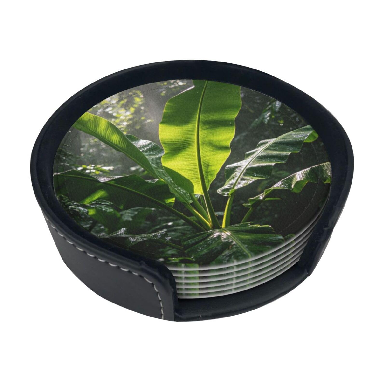 Green Banana Leaf Leather Coasters-Set of 6 with Storage Holder