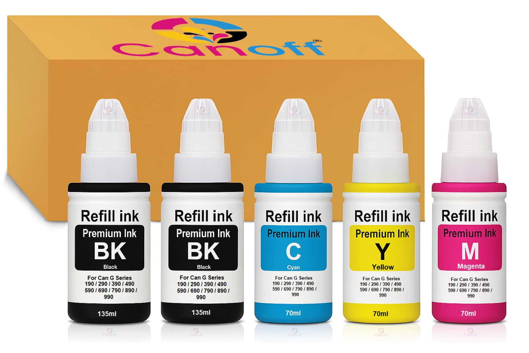 CANOFF Gi 490 Multicolor Refill Ink 790 Use for Canon PIXMA G1000, G1010, G1100, G2000, G2002, G2010, G2012, G2100, G3000, G3010, G3012, G3100 Printers Ink |2Black+Tri Color Combo Pack