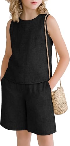 Custoneei Girls 2 Piece Outfit Linen Sets, Black, 5-6 Years
