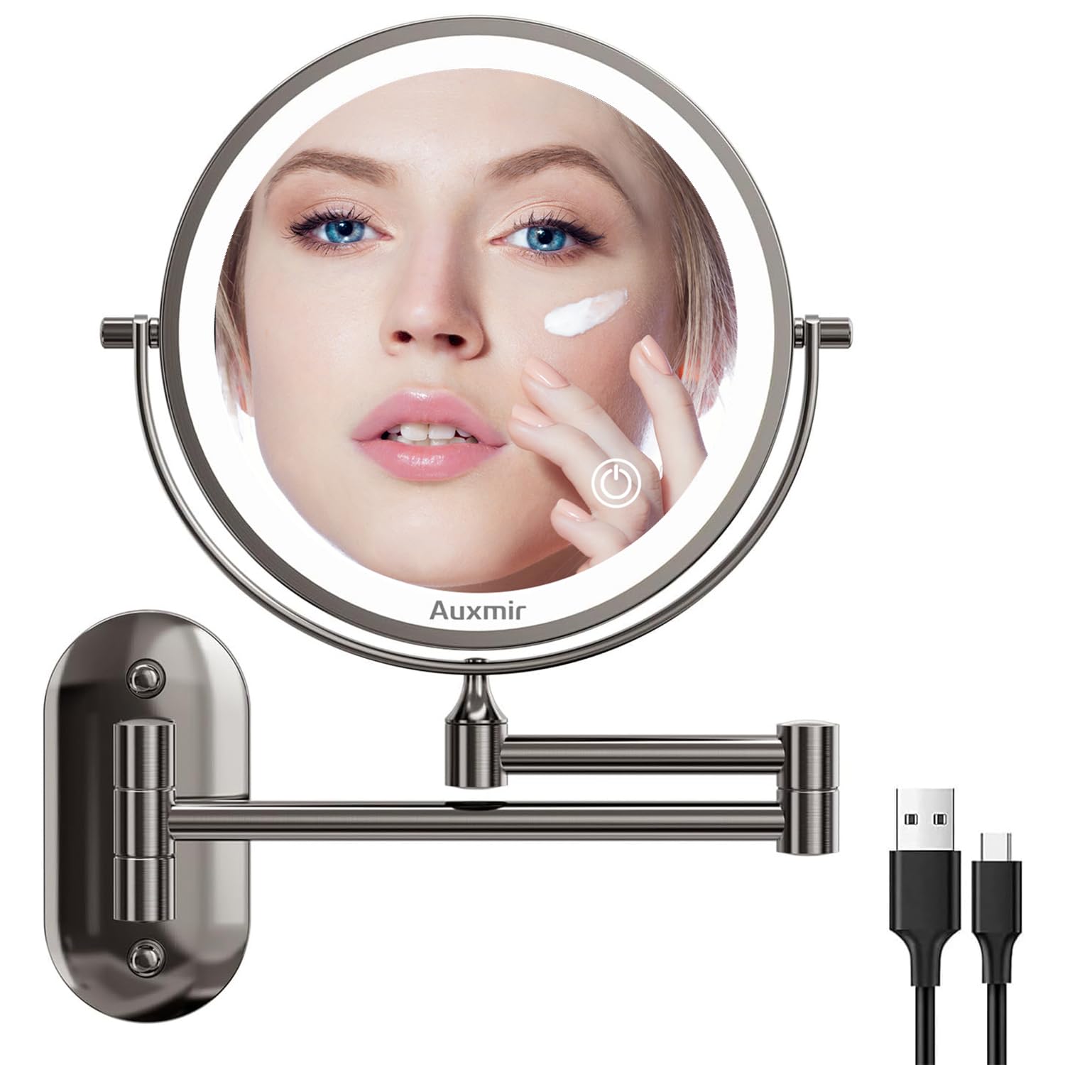 Auxmir Espejo Maquillaje con Luz Recargable, Aumento 1X/20X Doble Cara Giratorio 360, Espejo Baño Pared Extensible Táctil con USB, 3 Colores Brillo Regulable, para Hotel, Negro