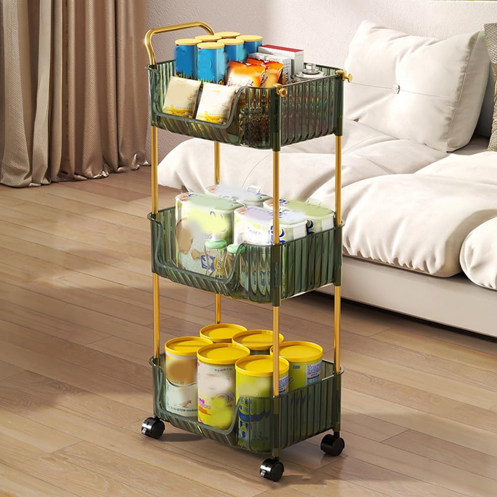 Carrello portaoggetti a 3 ripiani, in acrilico, con ruote, per ufficio, cucina, bagno, soggiorno, verde