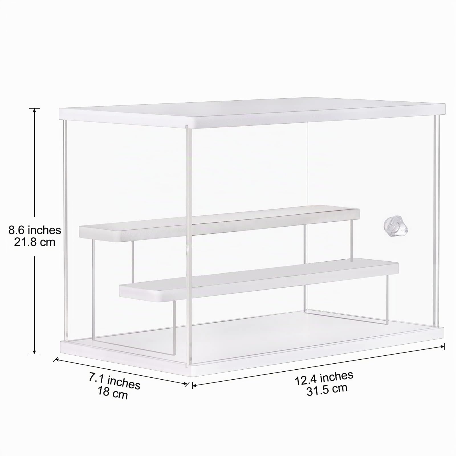 Vetrina in acrilico trasparente con scala trasparente scatola di immagazzinaggio controsoffitto cubo per oggetti da collezione, antipolvere per figure da collezione(12,5 x 7 x 21,6 cm, bianco)