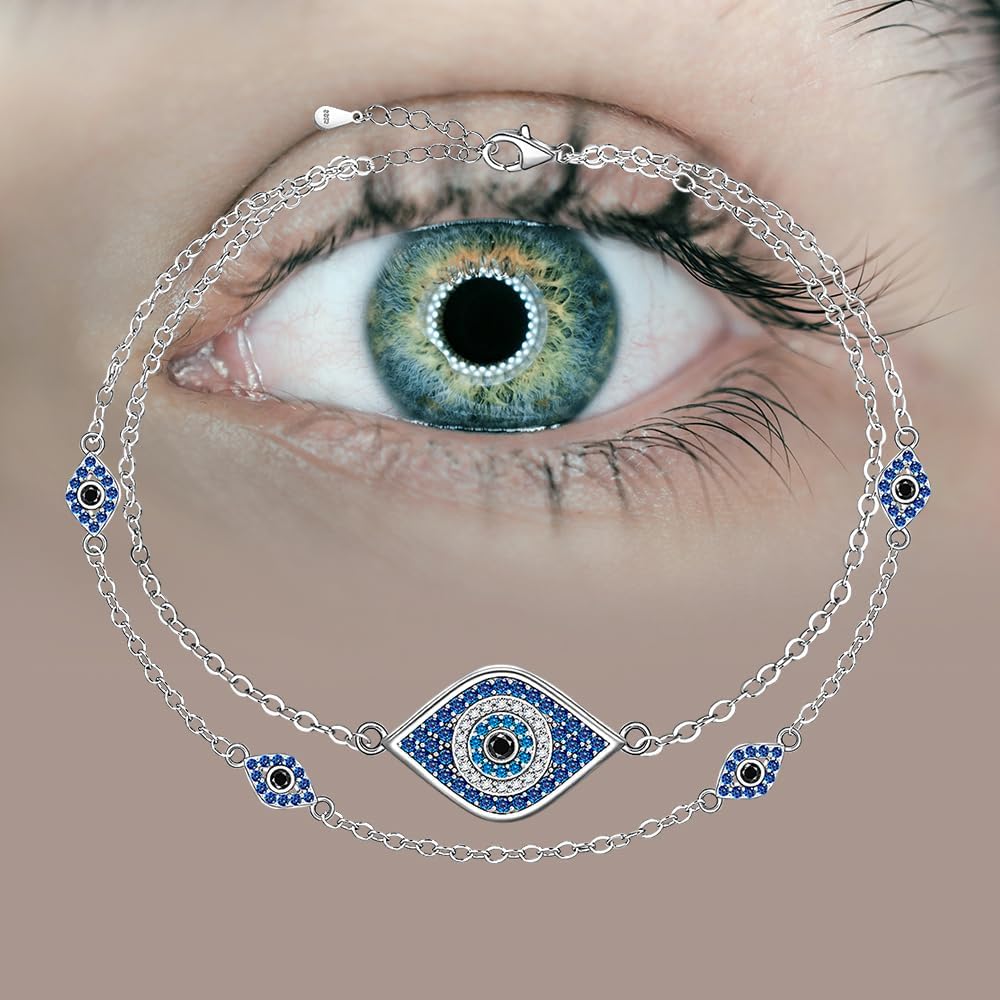 Fenthring Evil Eye Anklet Sterling Silver Blue Evil Eye Anklets for Women Ankle Bracelets Greek Protection Blue Eyes Jewelry Layered Christmas Gifts - Image 3