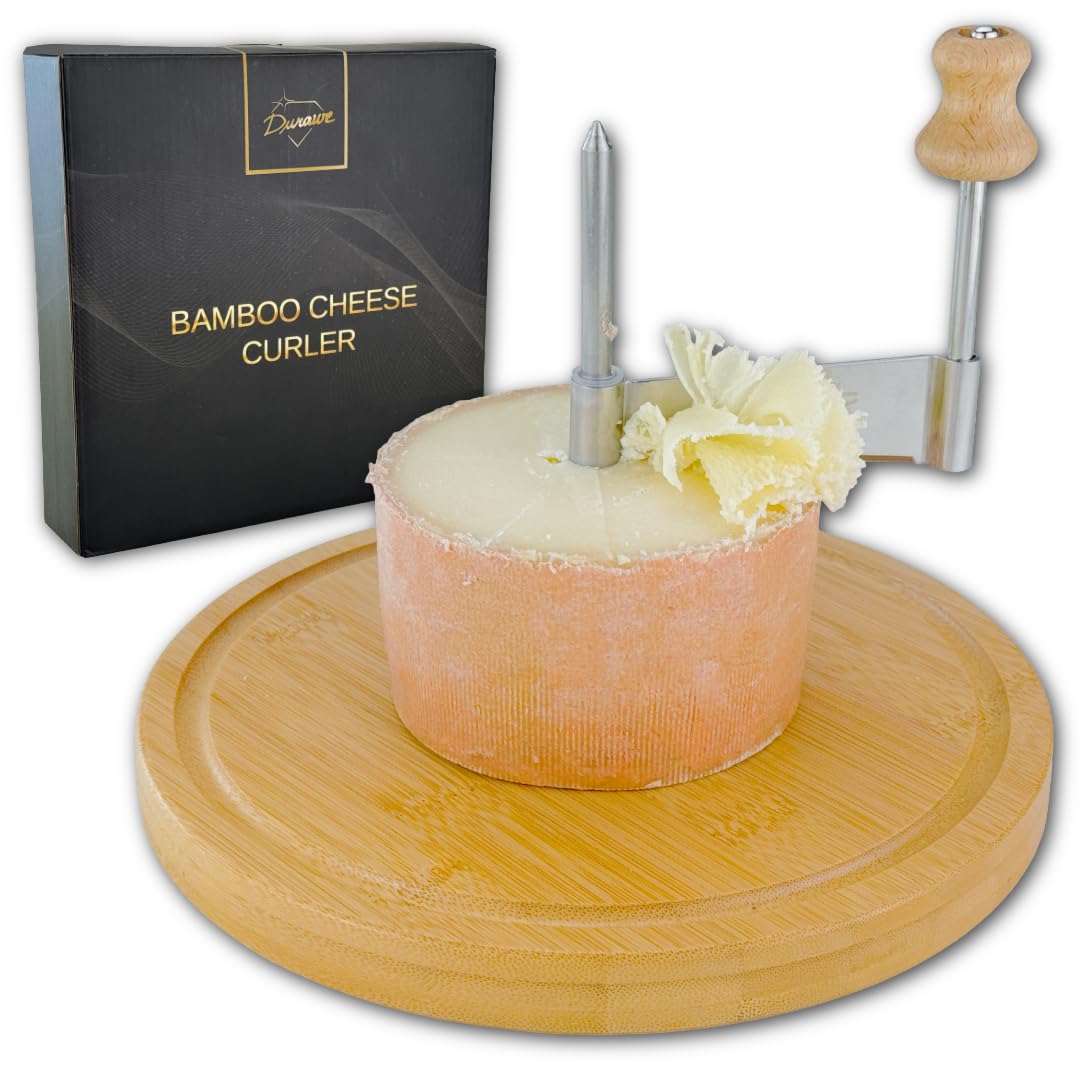 Girolle per formaggio Fraiseur in bambù Ø 22 cm con lama in acciaio inox – raschietto rotativo per Tête de Moine, fiori di formaggio e scaglie di cioccolato – robusto, decorativo, idea regalo