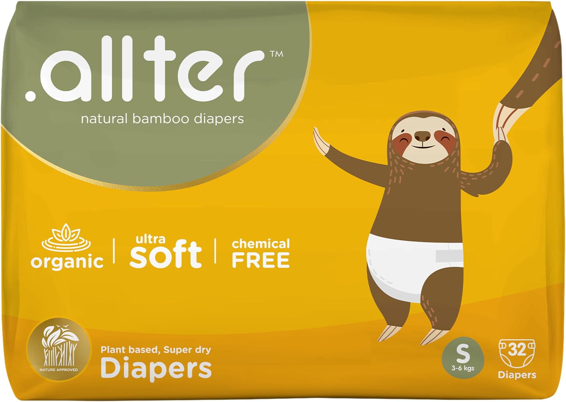 .allter Organic Bamboo Baby Diaper S Size (3-6kg)| 32 Count (Pack of 1)| Rash Free, Super Dry, Quick Absorb, Taped Style, Ultra Soft Diapers| Feet