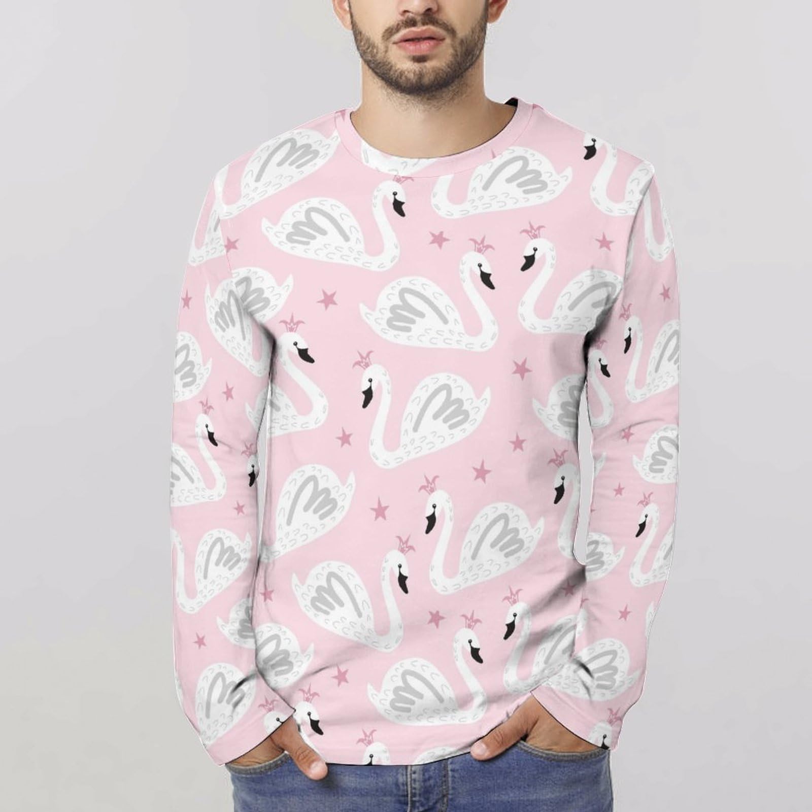 Amazon.co.jp: メンズ 長袖Tシャツ 白鳥 ピンク トップス 大きいサイズ