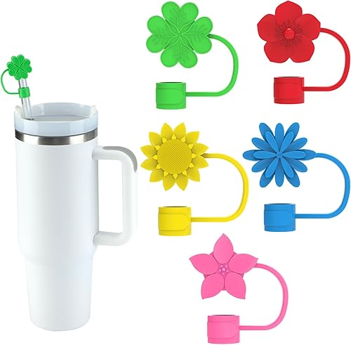 Stanley Cup - 5 tapas de paja de silicona con diseño de flores bonitas, adornos de paja de 0.394 in compatibles con vasos Stanley de 30 y 40 onzas