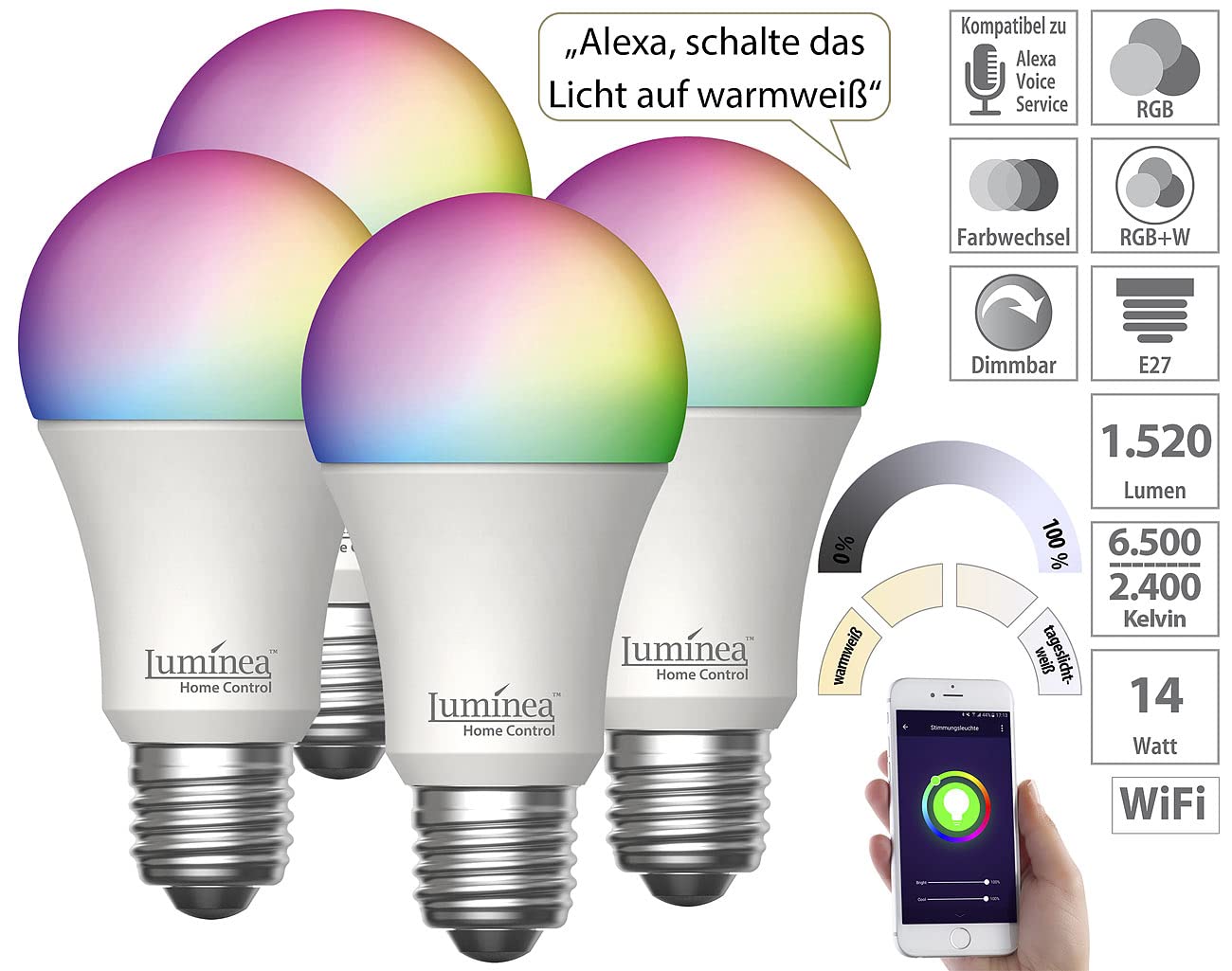Luminea Home Control Glühbirnen Alexa: 4er-Set WLAN-LED-Lampen, E27, RGB-CCT, 14W(ersetzt 150W), 1.520lm, App (WLAN-LED-Lampe Alexa, E27 RGB WiFi)