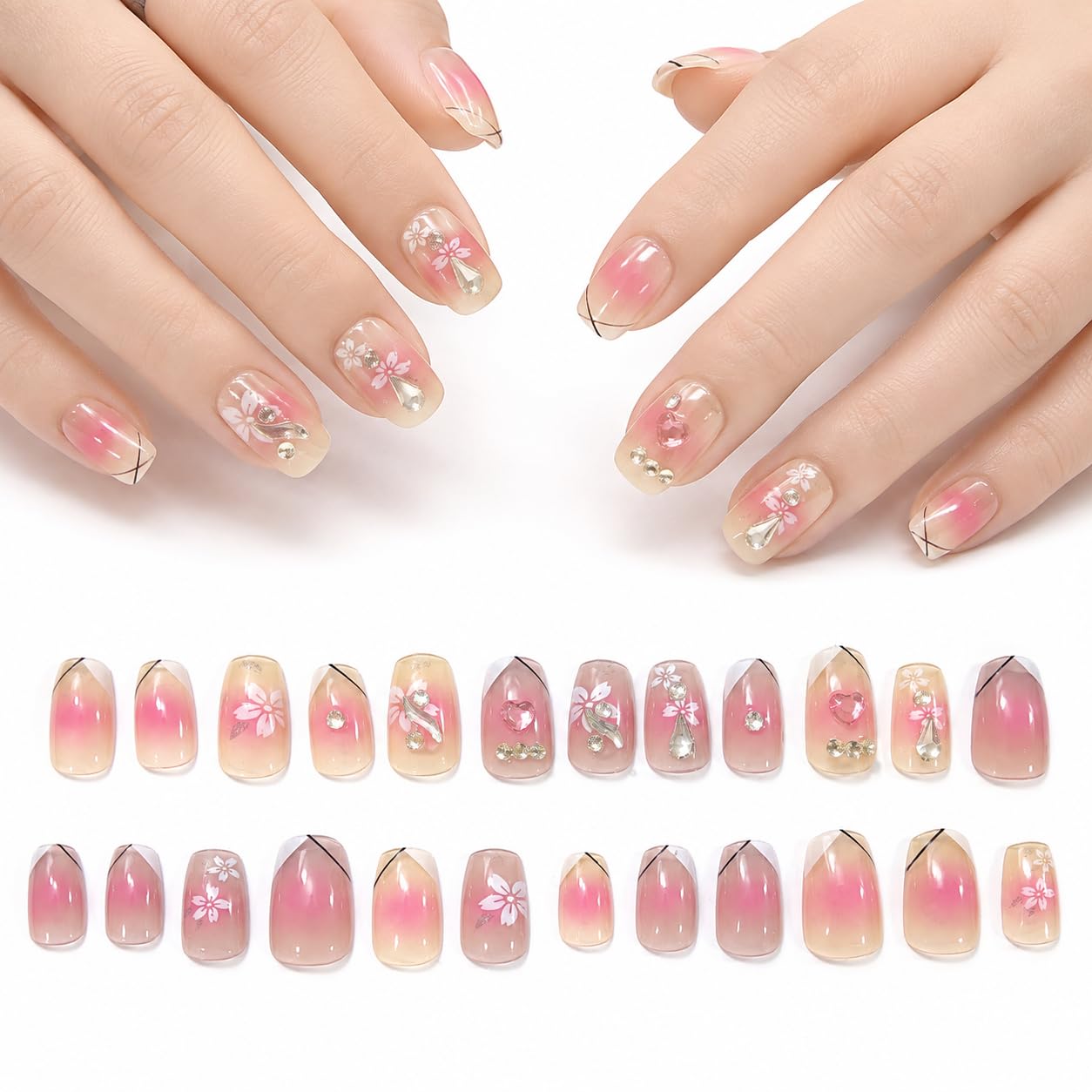 Glossy Press On Nails Blue Star Design | 24 Pcs Medium Coffin Artificial Nails with 3D Rhinestone Charms Reusable False Nail Kit with Adhesive Tabs for Women & Girls | Diy Apply (Pink and Tranperant)