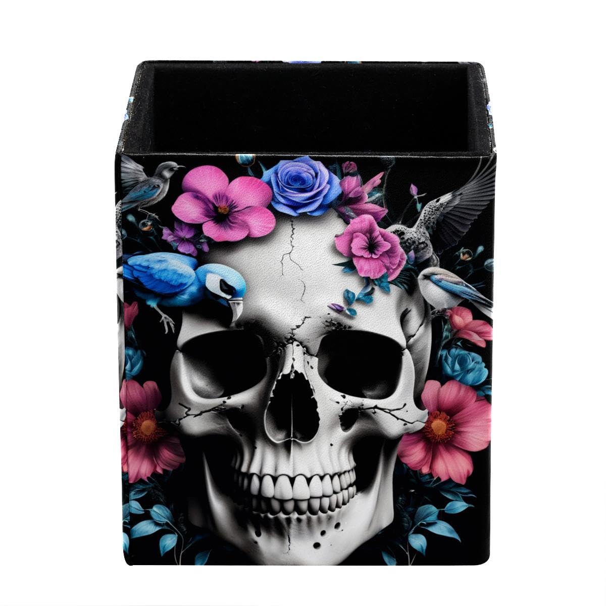 HEOEH Birds Skull Floral Pen Holder Pen Pot, Square Pencil Cup for Desk
