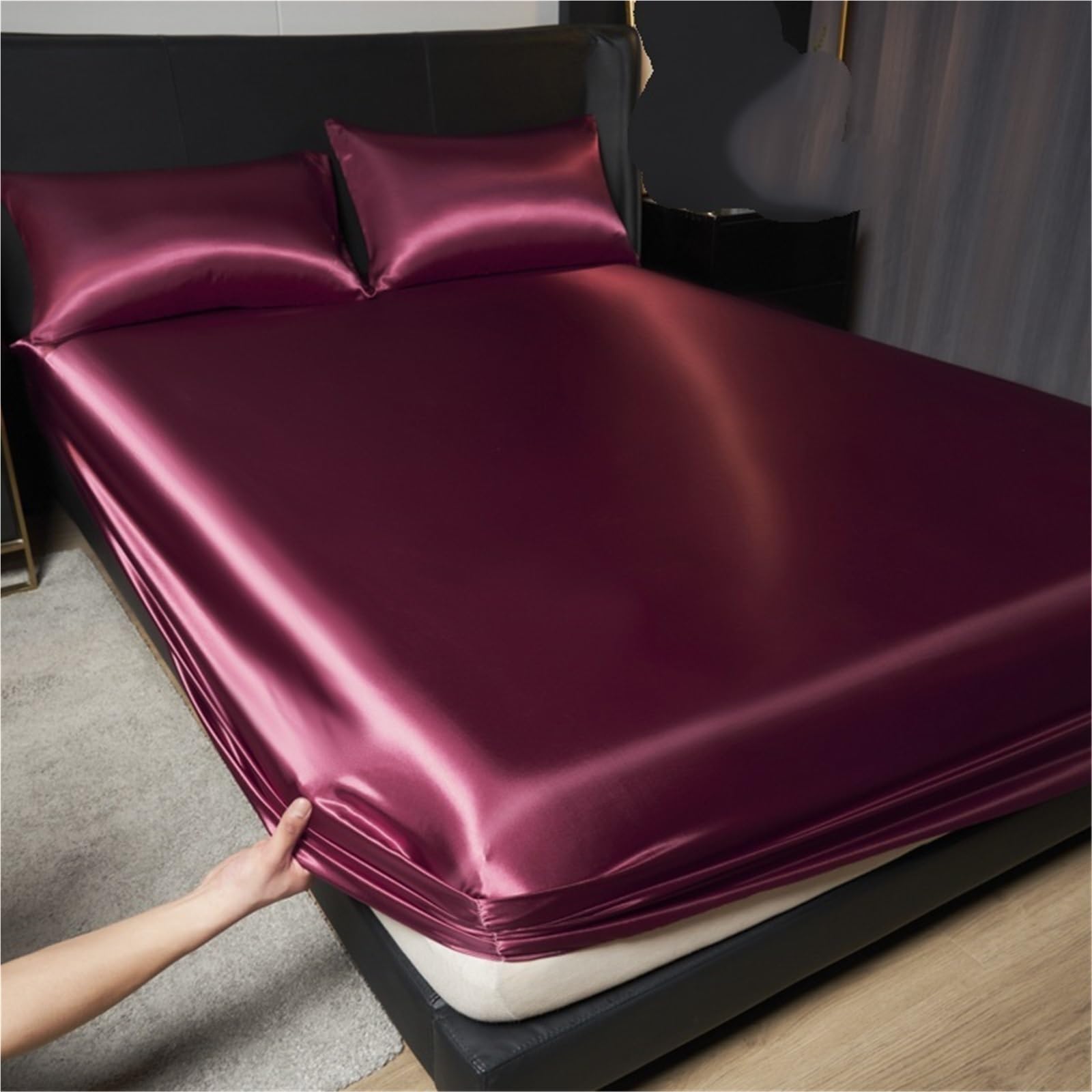 3 stücke Seide Spannbettlaken Kissenbezug Elastische Band Matratze Abdeckung for Home Queen-Size Blätter(F,198 * 203cm*35)