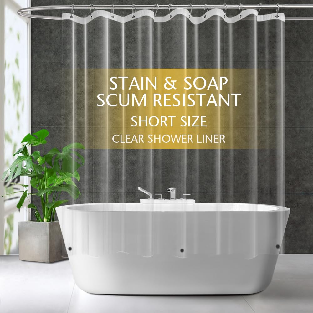 ZEMAHOME Short Size PEVA Plastic Shower Curtain Liner Premium Light Weight 72" x 66" Clear Bathroom Shower Showroom Curtain Liner with Rustproof Metal Gromments and Weighted Magnet
