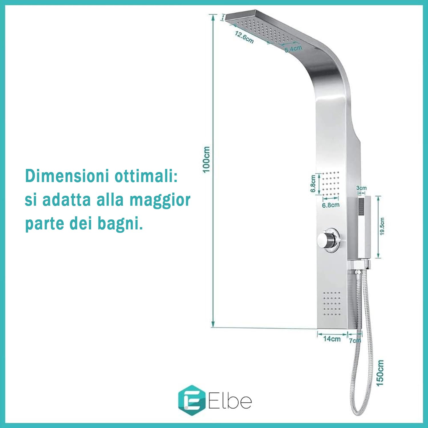 Elbe Pannello Doccia in Acciaio Inox 304 Colonna Doccia Idromassaggio Senza Miscelatore con 3 Funzioni e Doccetta, per Bagno, facile da installare