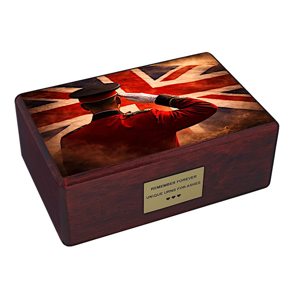British Soldier Cremation Urn for Adult Human Ashes, Wooden Military Memorial and Patriotic Tribute