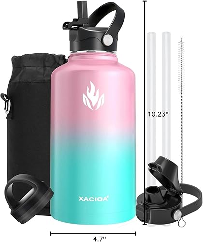 Miniatura 8 de Botella de agua de acero inoxidable con aislamiento al vacío de 64onzas, tapa con popote y con boquilla, a prueba de fugas, doble pared, cantimplora