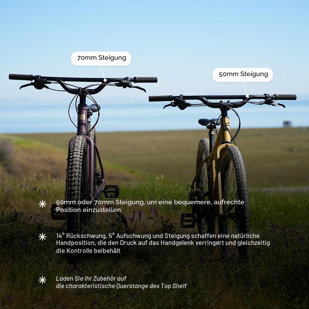 REDSHIFT Top Shelf Flat Handlebar, 70mm Rise, 800mm Width | Ergonomic riser drop bar design;Improves upright riding posture;Perfect for long-distance touring