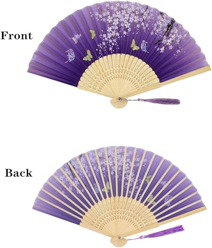 Miniatura 3 de Abanico plegable floral de bambú estilo chino, 2 unidades, abanicos de mano plegables de seda vintage, abanicos de mano de bambú ahuecados para