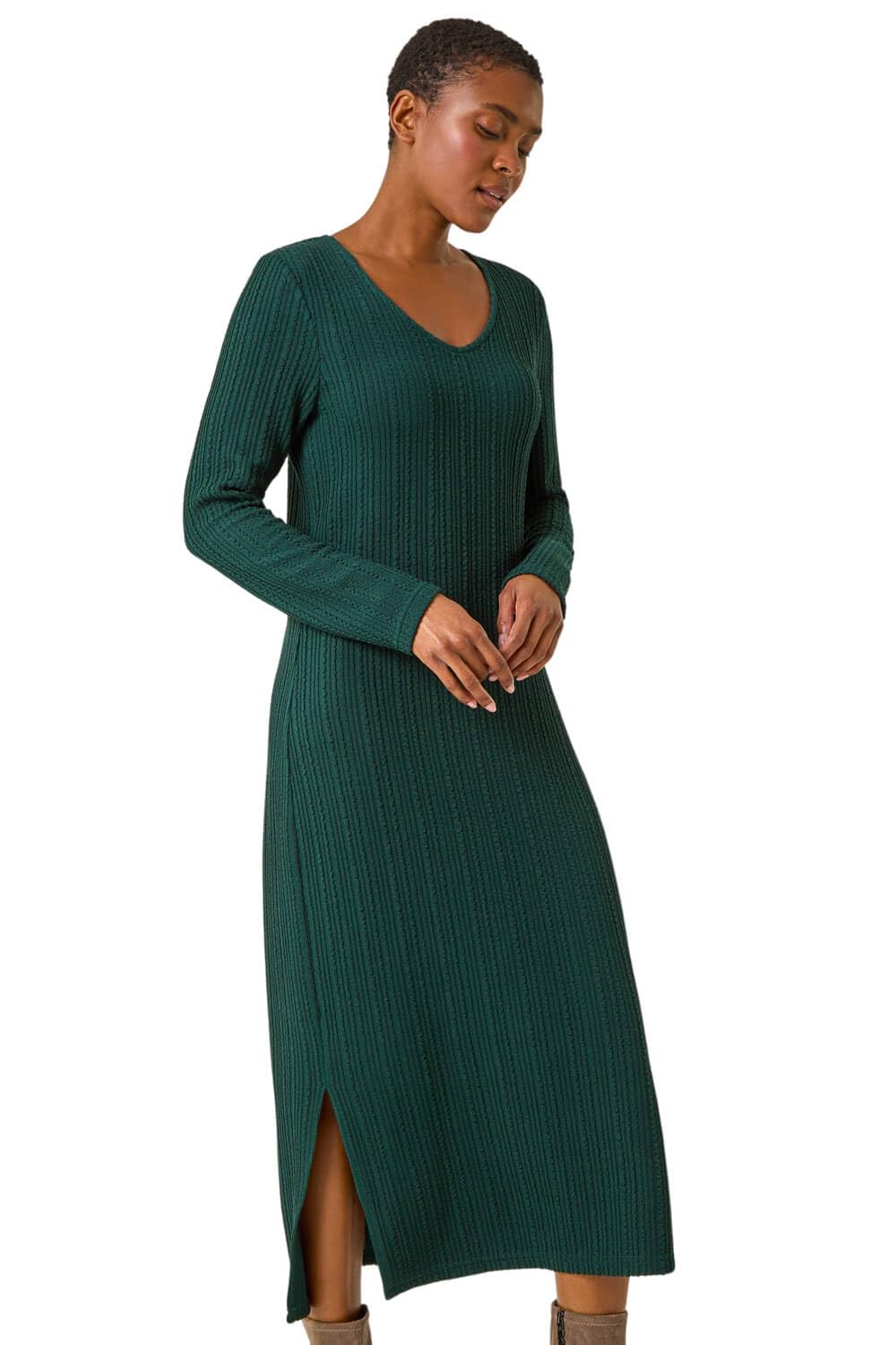 Roman Originals Wave Textured V-Neck Stretch Midi Dress for Women UK - Ladies Everyday Autumn Winter Round Neckline Comfy Soft Evening Vacation Work Party Night Out - Dark Green - Size 20