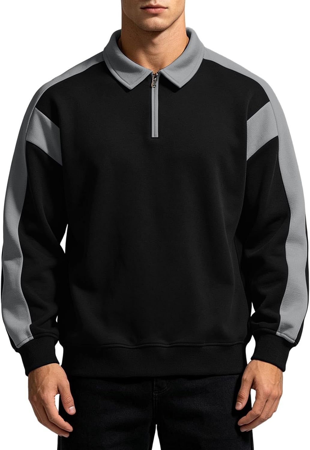 Men's Color Block Half Zip Polo Long Sleeve Collar Fashion Shirts