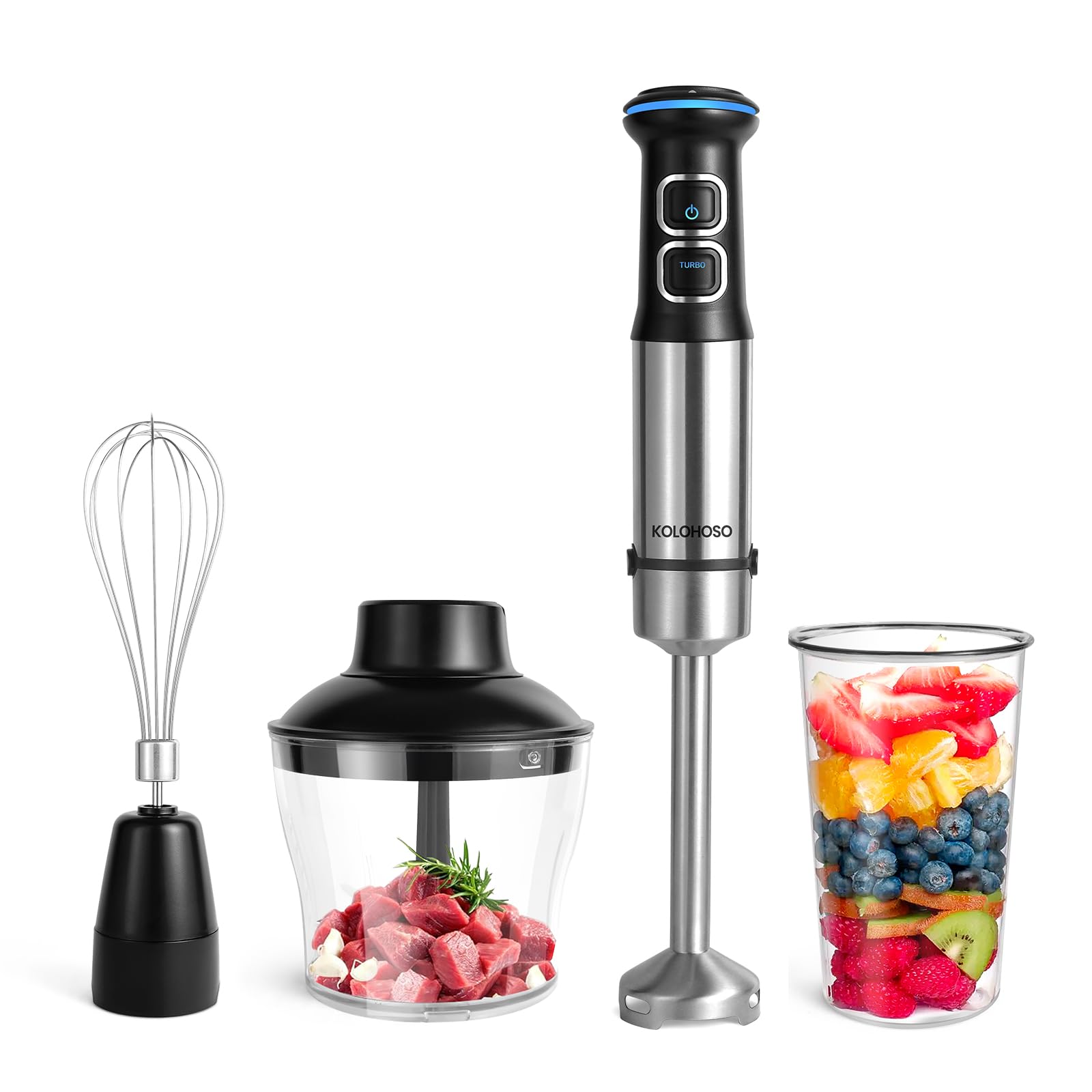 1500W Frullatore a Immersione, Kolohoso 4 in 1 Minipimer in Acciaio Inox, Multifunzione Mixer Immersione 21 Velocità Regolabili, Frullatore con Frusta, 800ml Misurino un 600ml Tritatutto, senza BPA