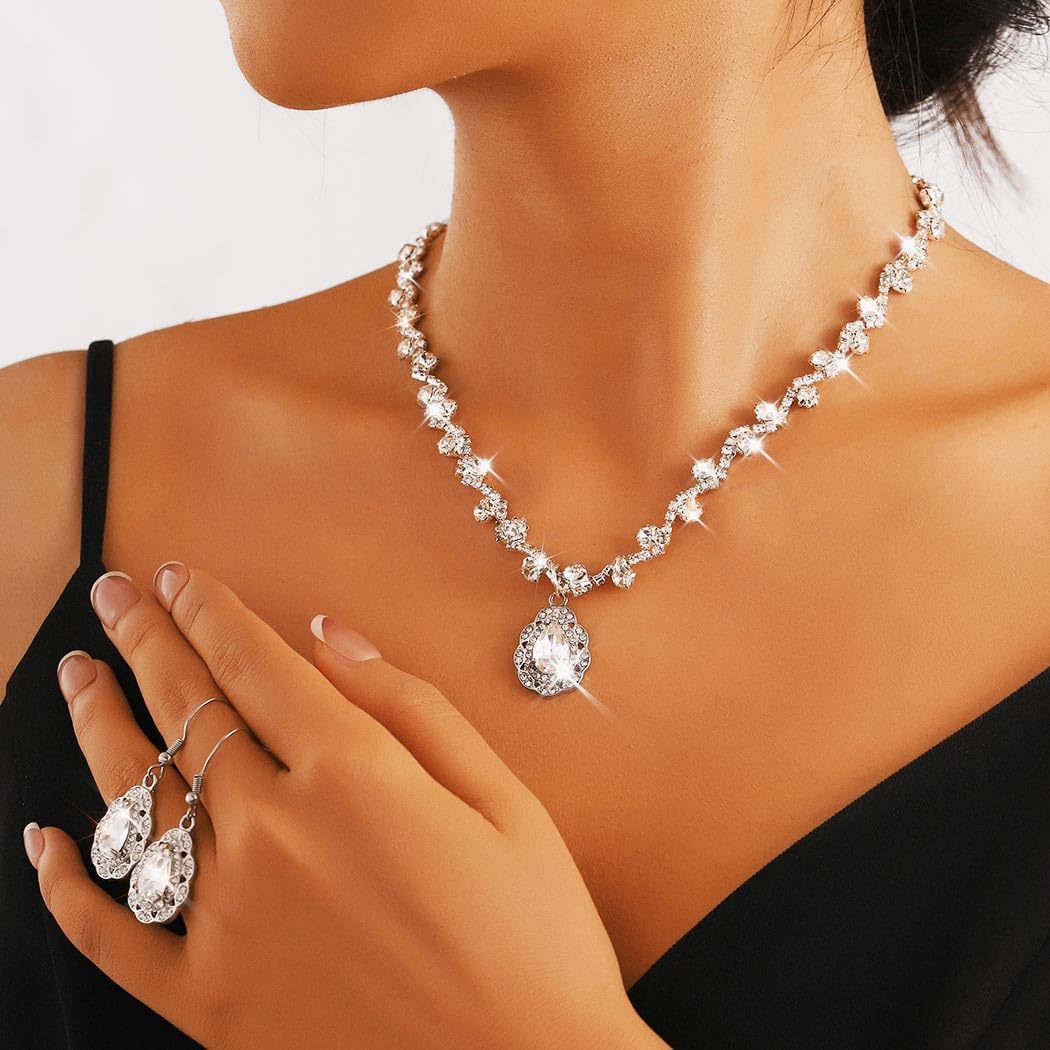 Asooll Wedding Jewelry Set Silver Rhinestone Necklace and Earring Sets Crystal Prom Jewelry for Women - Image 5