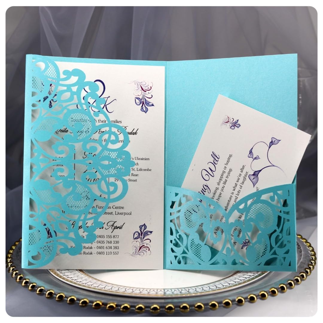 Cartes d'invitation de mariage au laser bleu Tiffany Flora en dentelle lot de 20