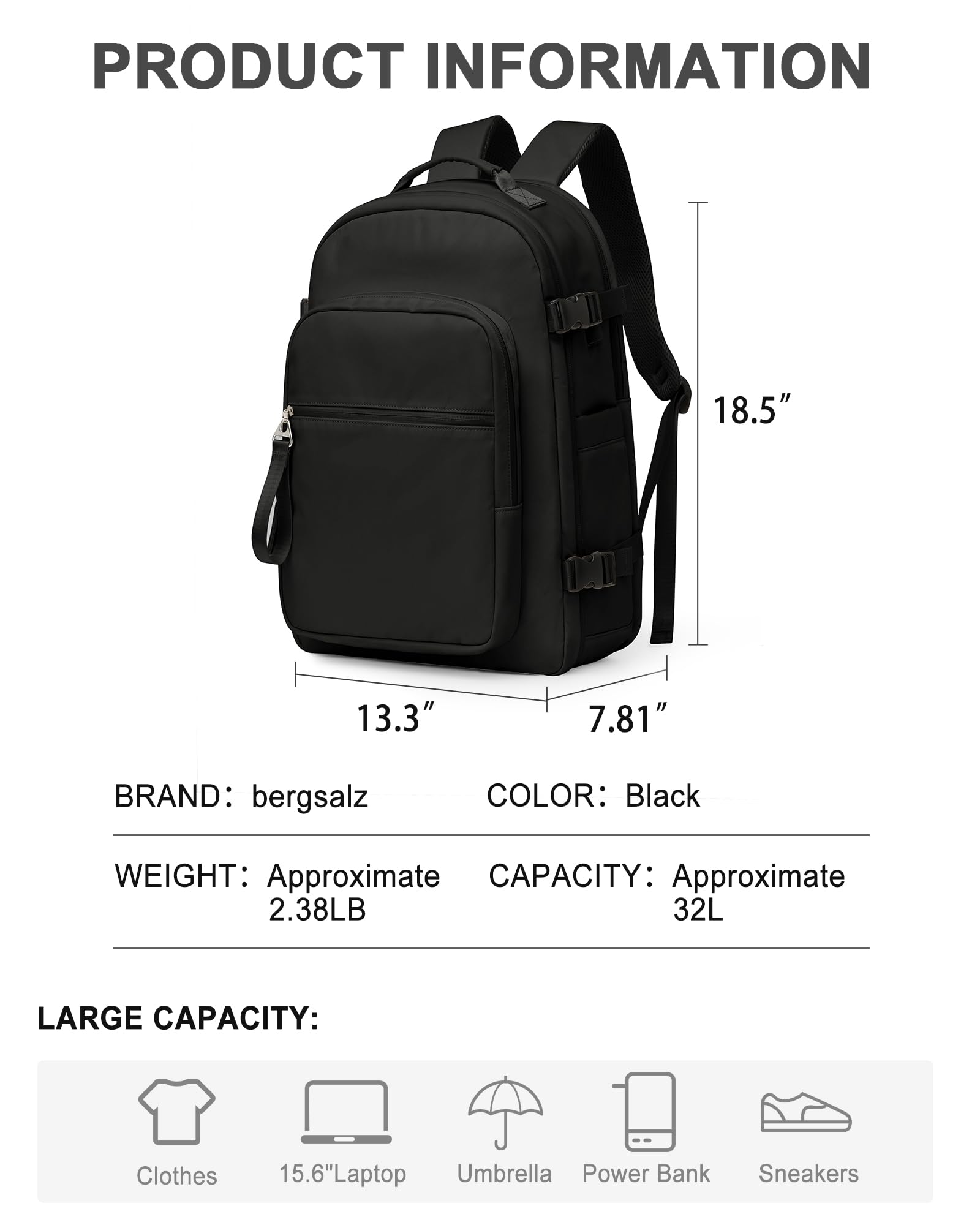 bergsalz Nero Zaino da viaggio grande da Donna zaino donna Uomo Zaino da escursionismo Sportivo Impermeabile Zaino Da Zaino Da Viaggio Aereo Bagaglio a Mano Zaino Fitness Casual laptop da 15.6 pollici