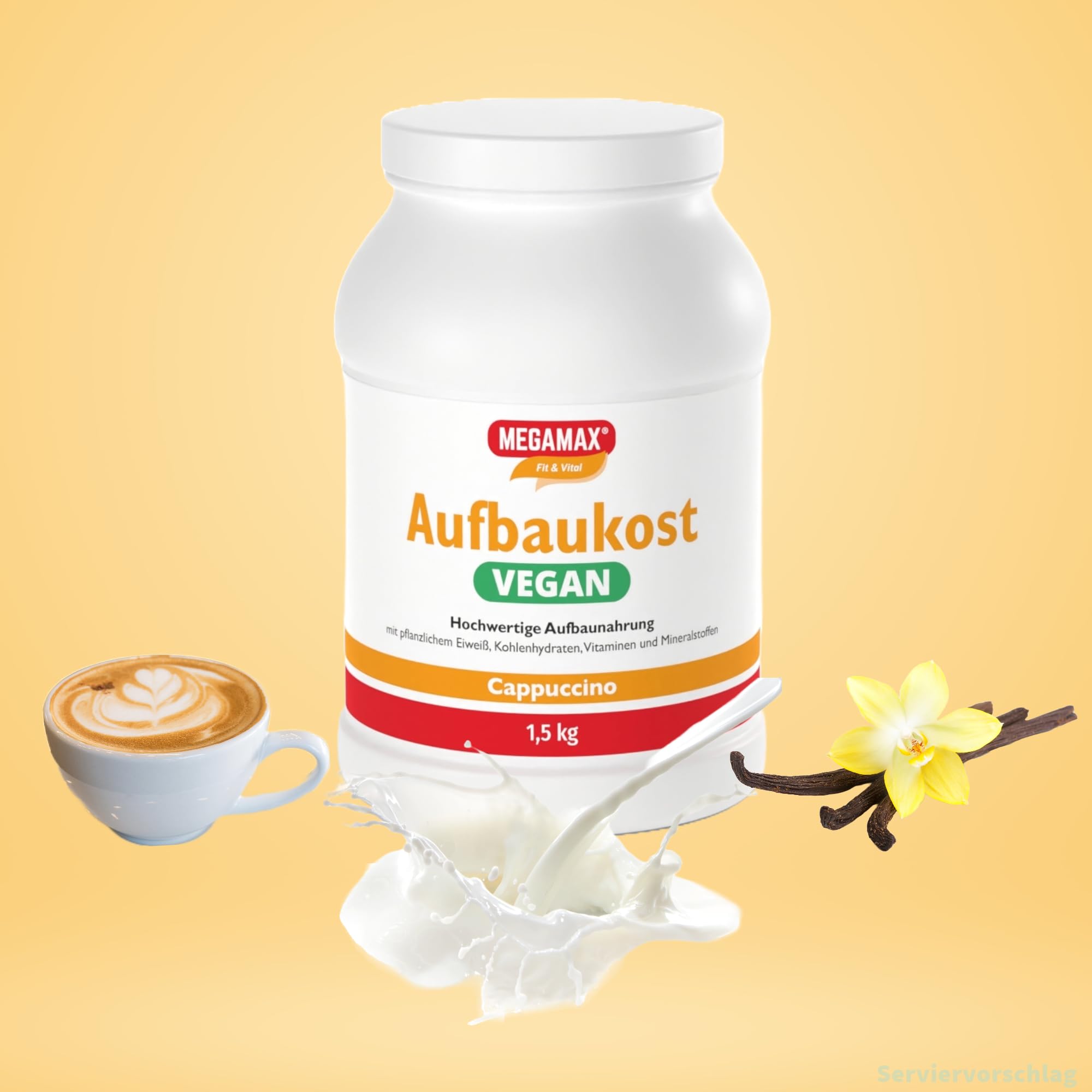 MEGAMAX Aufbaukost VEGAN Cappuccino 1.5 kg -Ideal bei Masseaufbau und Mangelernährung -Proteinpulver zur Zubereitung eines fettarmen Kohlenhydrat-Erbsenprotein Getränkes für Muskelmasse als Massgainer
