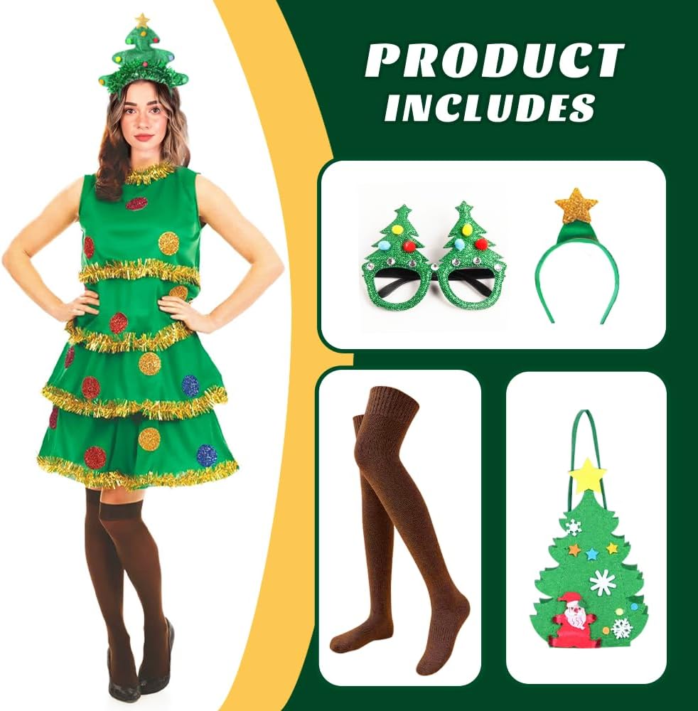 Jõulupuu kostüümikomplekt, pailletid, stretch-polüester, rohekas M