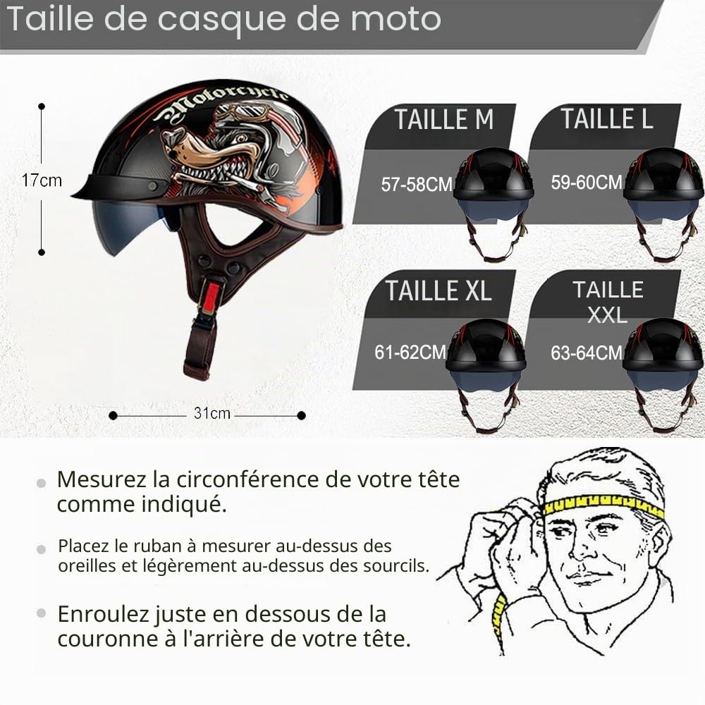 Demi-Casque de Moto, Casque Moto Rétro, Casque Jet ECE2206 Homologué, Casque Moto Cyclomoteur avec Visière, Casque de Moto Hommes et Femmes, pour Moto et Scooter, M~XXL