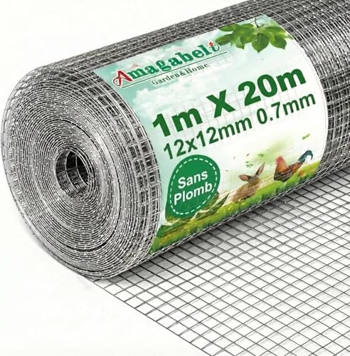 Grillage à Poule Galvanisé 1m x 20m - Maille Carrée 12,7mm - Clôture Solide pour Poulailler, Volière & Jardin - Résistant aux Rongeurs & Intempéries -...