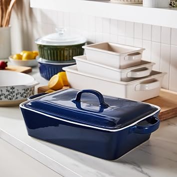 Sur La Table Rectangular Stoneware Casserole with Lid, 4 qt, Blue