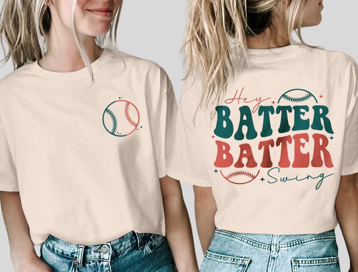 Women Hey Batter Batter Swing Shirt Baseball Mom Shirt Graphic Game Day Tee Casual Short Sleeve Ballpark Tops - Image 2