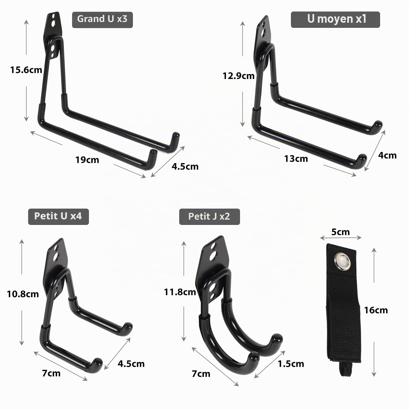 Lot de 12 crochets de garage robustes pour rangement mural - Vélos, organisateurs d'outils, abris de jardin et transporteurs, crochets muraux en acier pour outils de jardin et échelles (Noir)