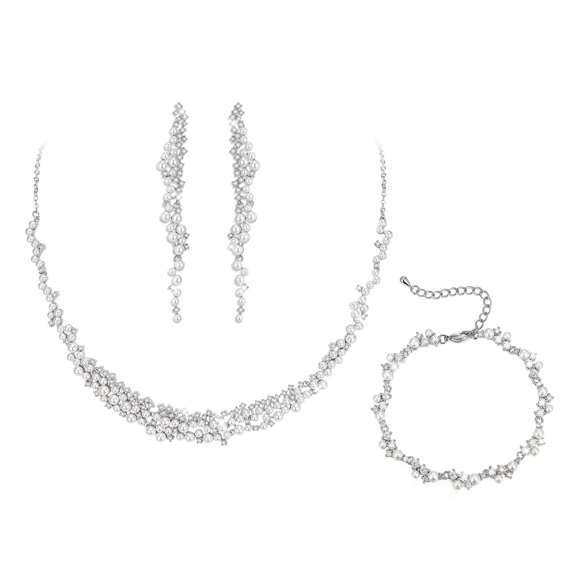 EVER FAITH 3 stk Schmuckset Art Deco Hochzeit Schmuck Cubic Zirkonia Faux Perlen Braut Halskette lange baumeln Ohrringe Armband Sets für Damen Braut Brautjungfer
