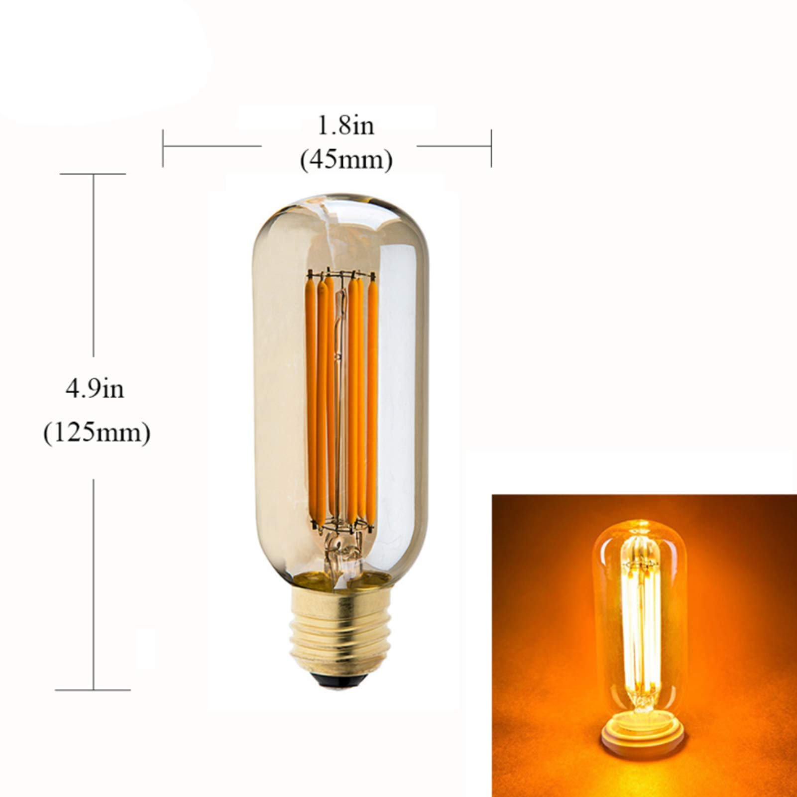 Bombilla Tubular filamento LED Antigua Estilo Edison Regulable 6 W, lámpara Cabeza, Forma Tubular T45, reemplaza la lámpara incandescente 60 W, 600 LM, 4 Paquetes, 6,00 W