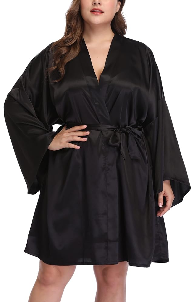Womens Plus Size Silky Satin Kimono Robes Wedding Party Bridesmaid Sleepwear Bathrobe Dressing Gown