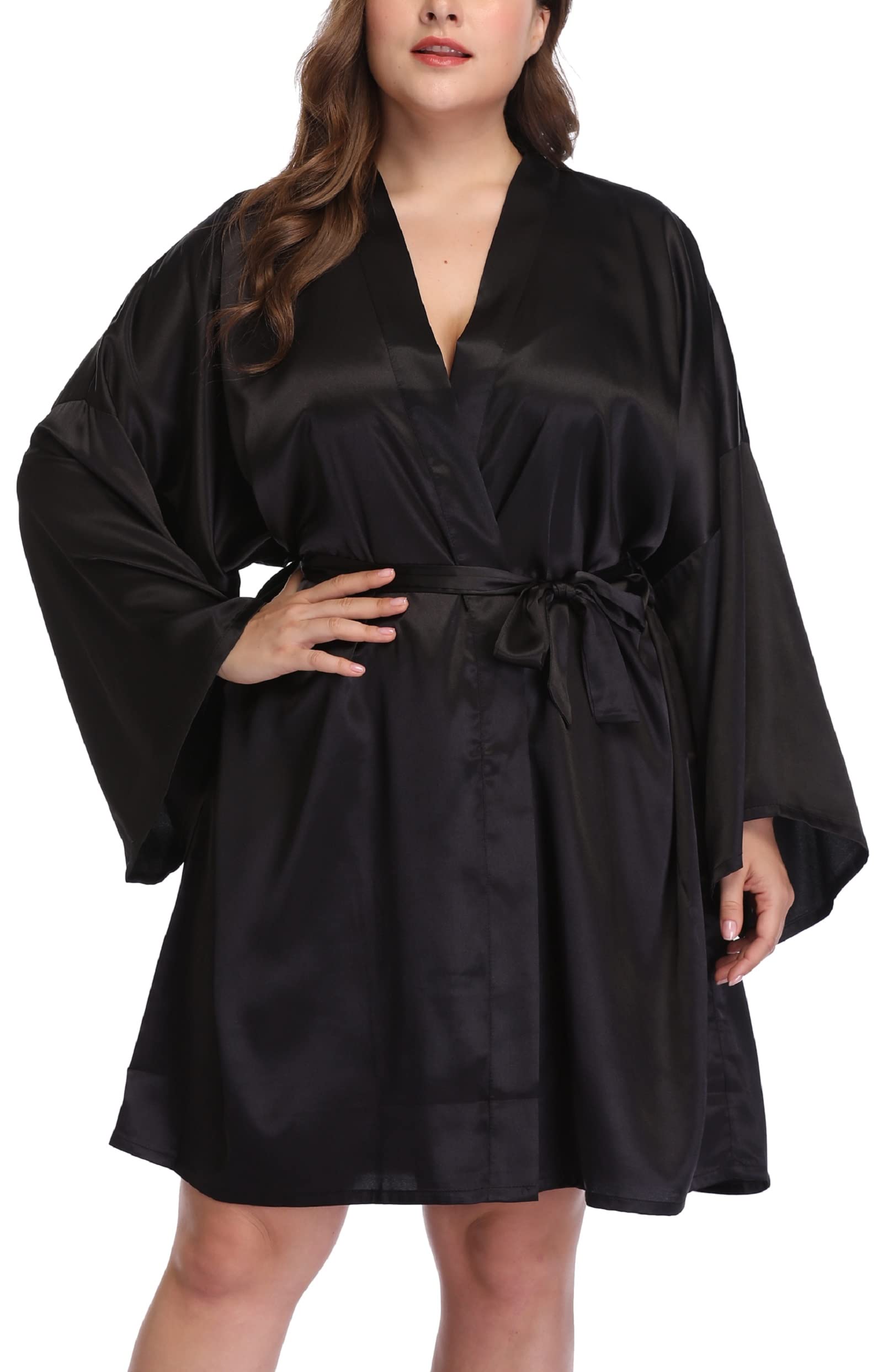 Womens Plus Size Silky Satin Kimono Robes Wedding Party Bridesmaid Sleepwear Bathrobe Dressing Gown