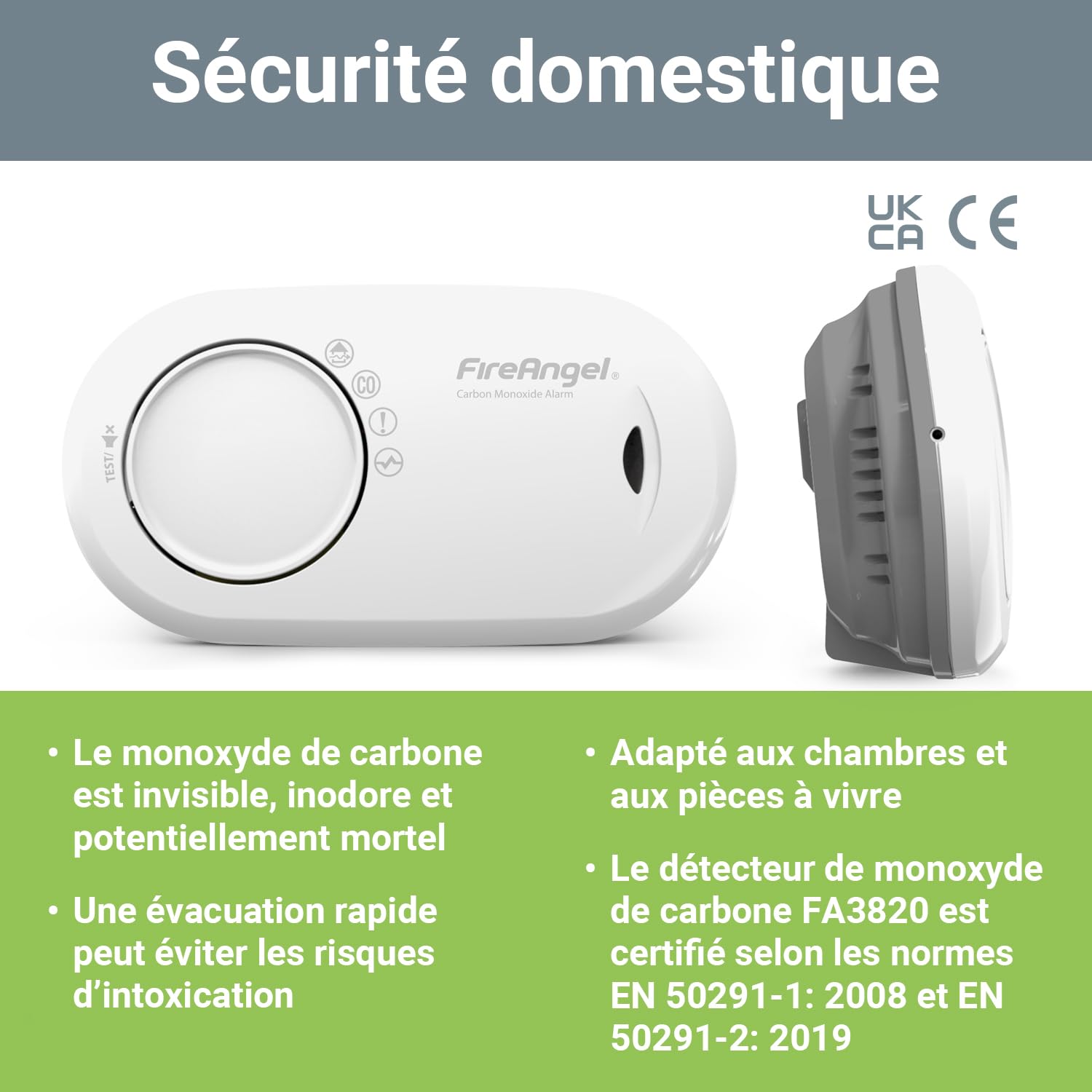 FireAngel FA3820 Détecteur de Monoxyde de Carbone CO, Capteur de Monoxyde de Carbone, Détecteur de CO Portable, Pile Scellée 10 Ans, Maison, Voyage