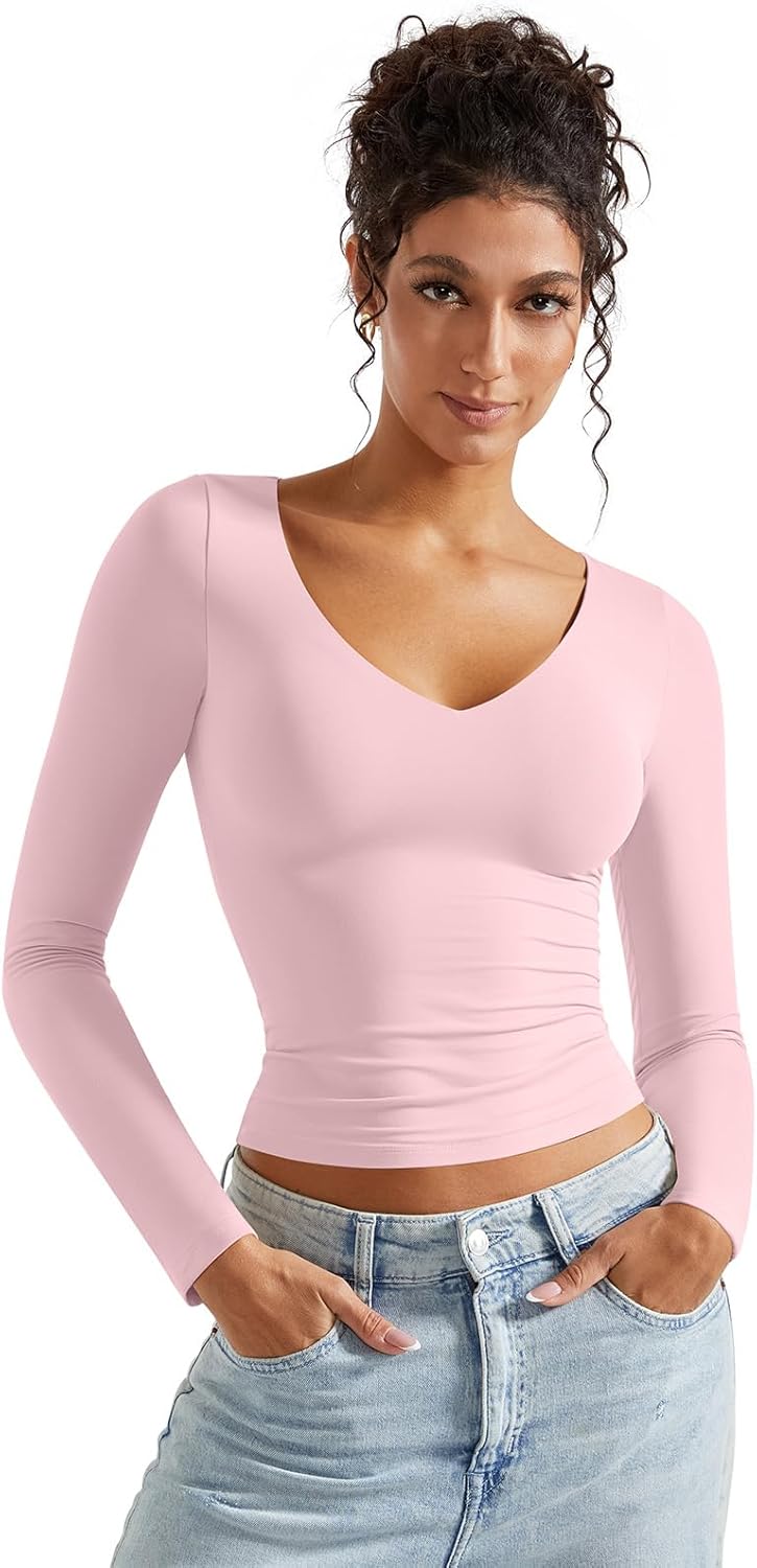 SUUKSESS Women Double Lined Casual V Neck Crop Tank Tops Basic Long Sleeve Shirts - Image 2