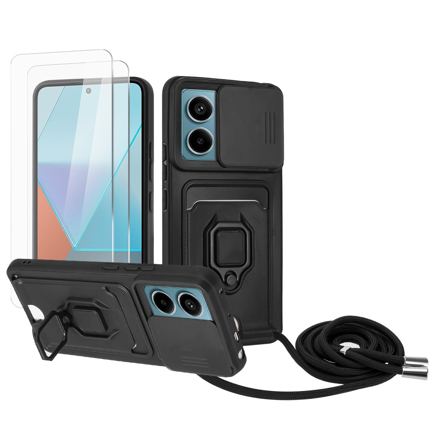Zallagre Funda con Cuerda Compatible con Redmi Note 13 Pro 5G,[2 Packs Cristal Templado],Ranura para Tarjetas,Cubierta de Cámara Deslizante Proteger,360 Anillo Soporte-Morado — view 43