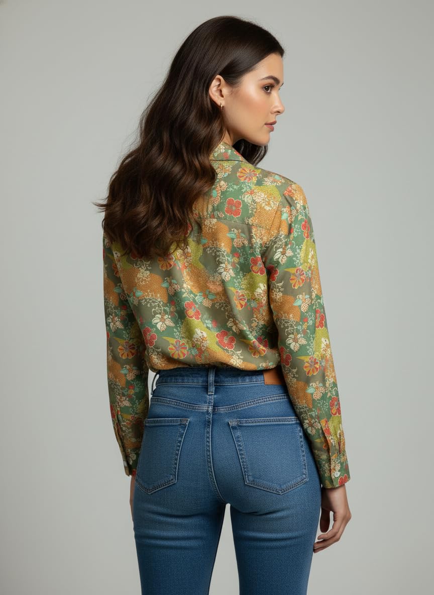 ANNI Designer Bedrucktes Damenhemd aus Baumwollmischgewebe, langärmelig, normale Passform, Kragen, legere Bürokleidung, elegante Western-Kleidung für den Alltag, Hochzeit, Party