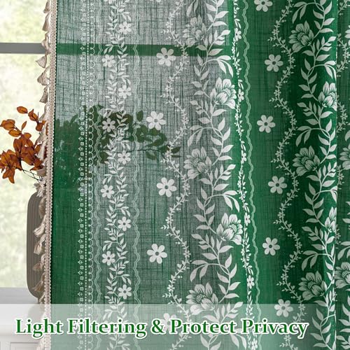 Image of MYSKY HOME Green Boho Linen Blend Curtains 84 inch Length 2 Panels Set for Living Room Dining Room Farmhouse Semi Sheer Floral Printed Vintage Bohemian Drapes with White Tassel Back Tab, 50 inch Wide