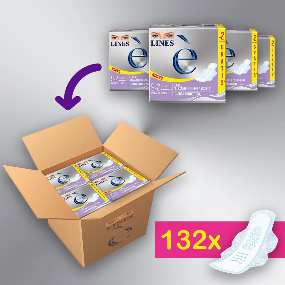 Lines Es día con alas absorbentes de lactifless, paquete de 132 piezas | el único absorbente con estructura de Lactifless, el LINES más absorbente y flexible de la gama Lines, con Odor Protection