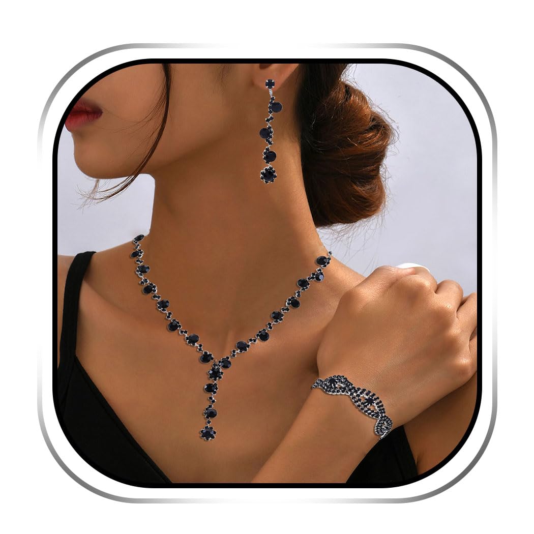 Sixexey Rhinestone Jewelry Set Black Silver Jewelry Sparkly Crystal Necklace Jewelry Bridal Wedding Prom Jewelry Necklace for Women