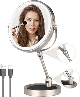 Magnifying Mirror with Light, Height Adjustable Desktop Mirror, Double Side 1x/10x Lighted Makeup Mirror, 8 Inch Swivel Vanity Mirror with Stand Brightness Adjustable Travel Cosmetic Mirror (Nickel)